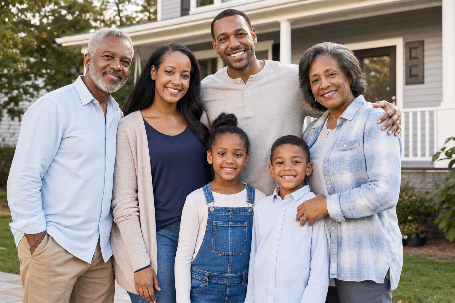 An Alabama family standing together in front of their home